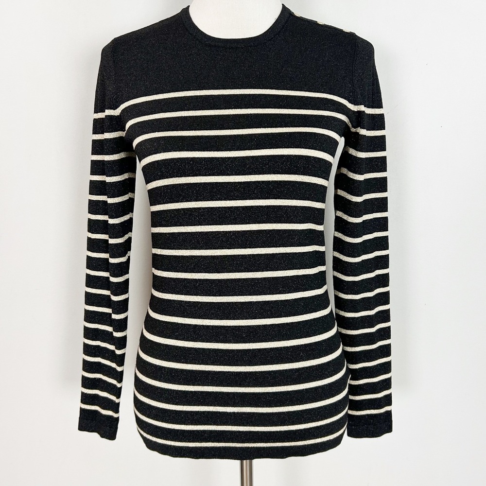 J.McLaughlin Metallic Striped Knit Top Black Gold Sparkly Party XS